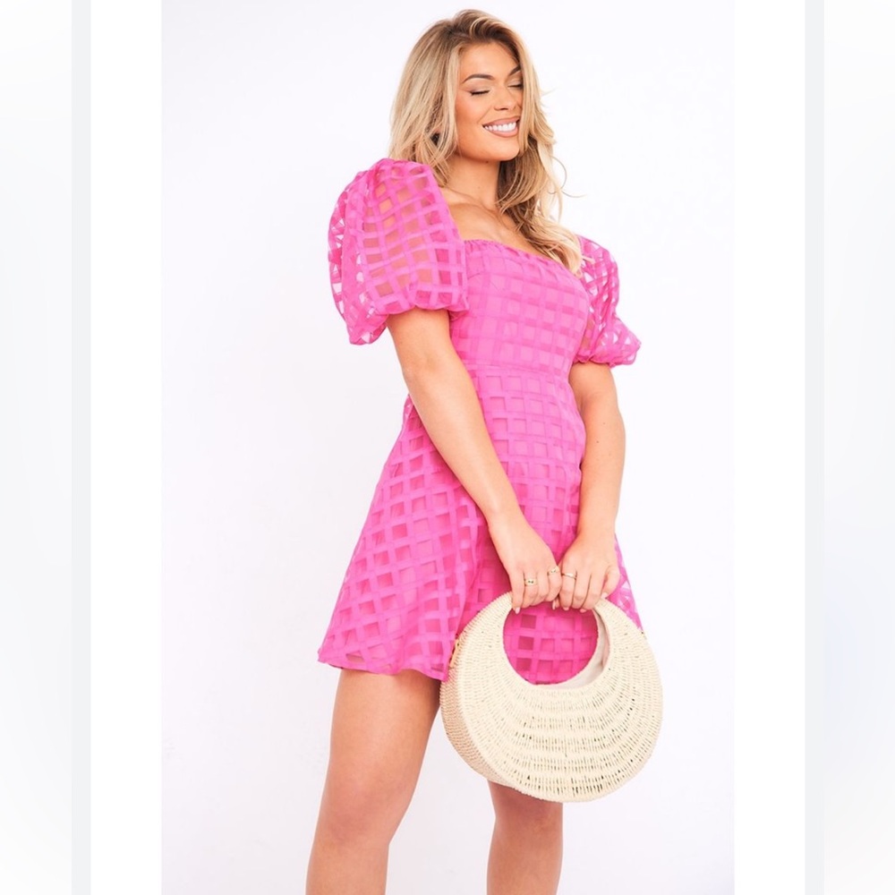 PrettyLittleThing Hot Pink Oversized Gingham Puff Sleeve Dress size 2